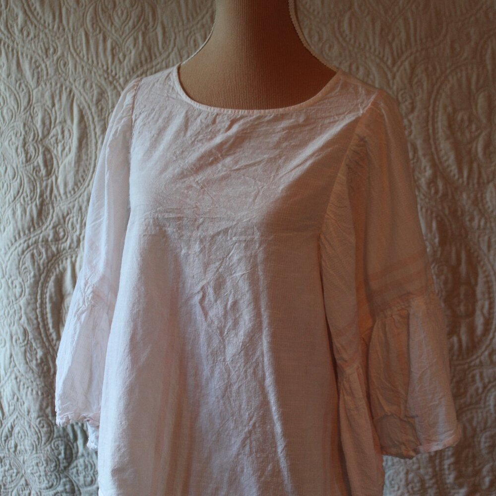 Beach Lunch Lounge Womens Pink White Striped Wide Sleeve Lightweight Blouse SZ S